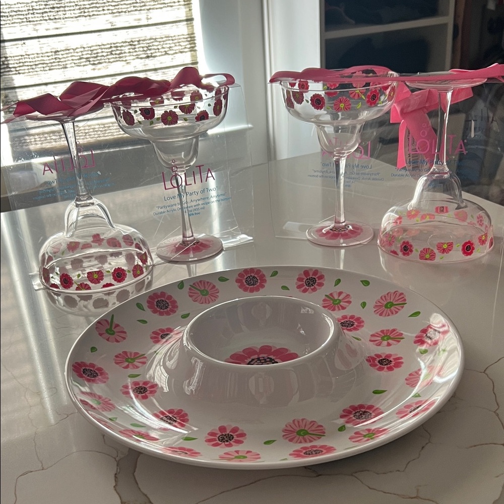 Lolita Pink and White Floral Chip and Dip Set with Glasses
